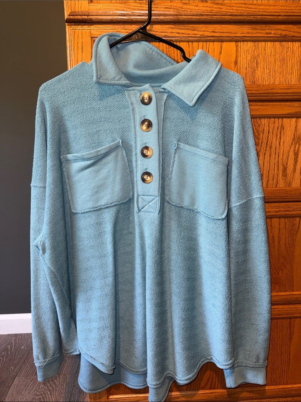 American Eagle Light Blue Button-Front Pullover with Patch Pockets